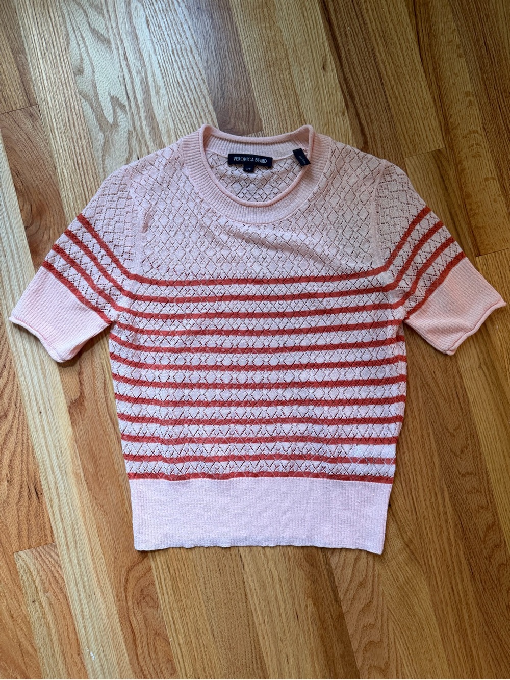 Veronica Beard Pink and Coral Striped Short-Sleeve Crewneck Sweater